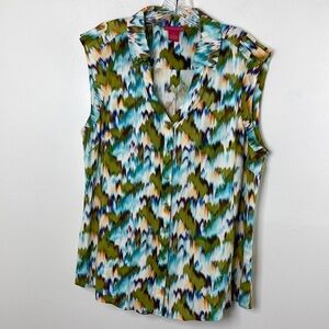 Sunny Leigh Womens Sleeveless Button-Down Blouse XL Green & Blue Abstract Print